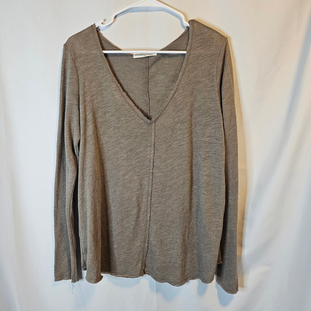 Project Social T Womens V-Neck Long Sleeve Top‎ Taupe Brown Raw Edge Seam Small